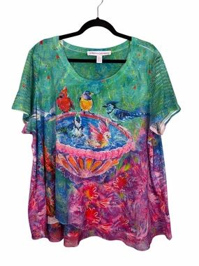 Leoma Lovegrove Bird Art Top XXXL Colorful Oversized Blouse Boho Flowy Tunic